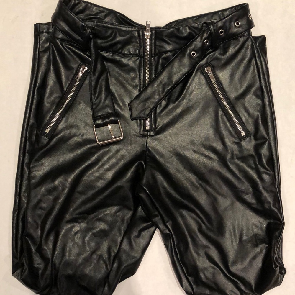 Essue black faux leather pants with belt in S